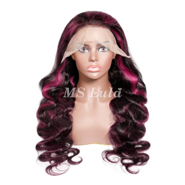 Purple Highlights Body Wave 13x4 Transparent Lace Front Wig 180% Density - Image 6